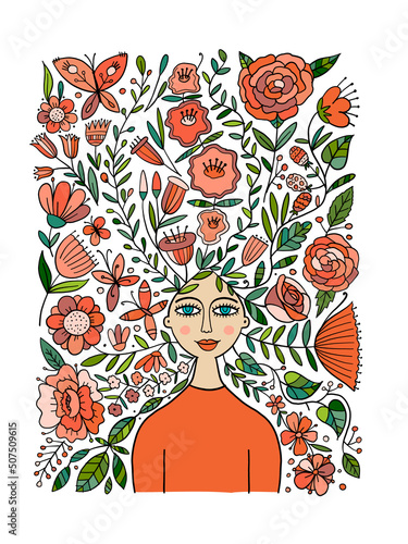 Floral female portrait, pretty woman with floral hairs. Design for fashion ca...