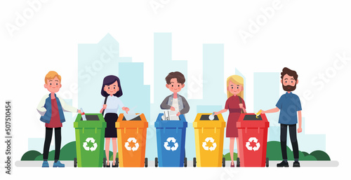 People sorting garbage into recycle bins