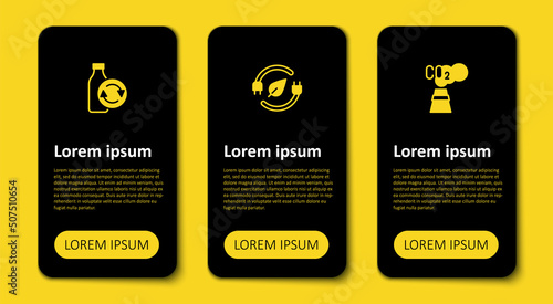 Set CO2 emissions in cloud, Electric saving plug leaf and Recycling plastic bottle. Business infographic template. Vector