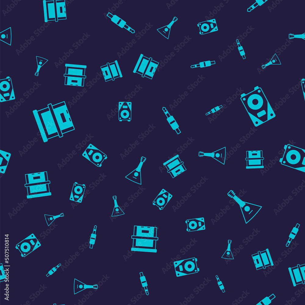 Set Piano, Stereo speaker, Audio jack and Balalaika on seamless pattern. Vector Set Piano, Stereo speaker, Audio jack and Balalaika on seamless pattern. Vector