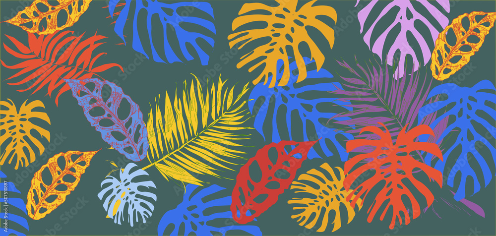 Deseń kolorowe liście tropikalne monstera i palma - obrazy, fototapety, plakaty 