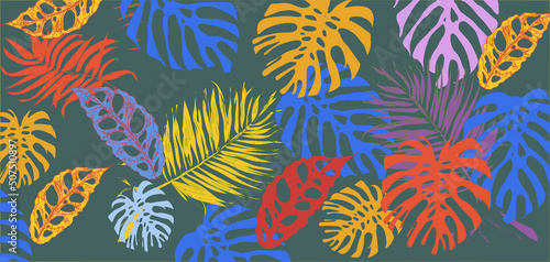 Deseń kolorowe liście tropikalne monstera i palma