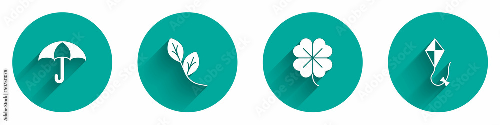 Set Umbrella, Leaf, Four leaf clover and Kite icon with long shadow. Vector