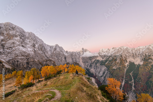 Sunrise in the autumn mountains on a beautiful sunny day.