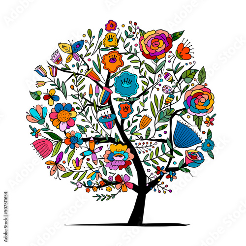 Floral tree concept isolated on white. Art for your design, business cards, b...