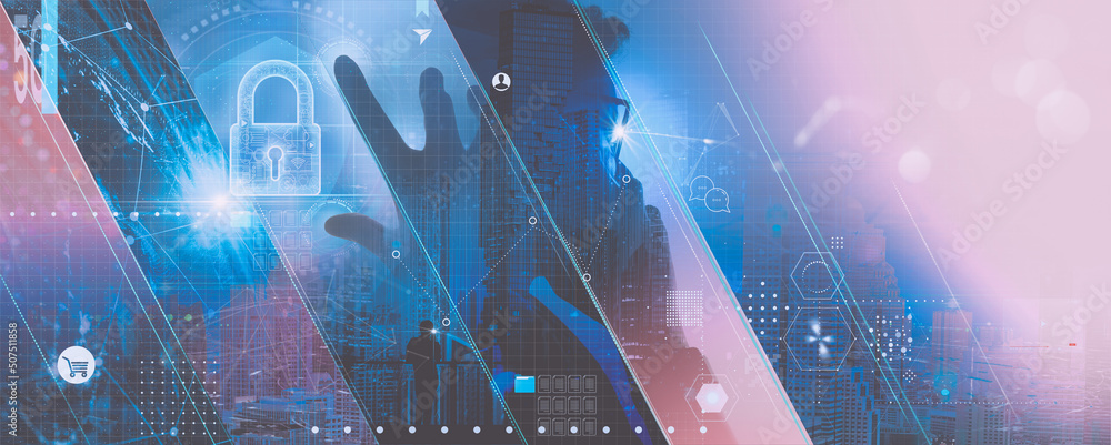 Cyber security global network.Businesswoman protecting data personal information smartphone and virtual interface. Data protection privacy concept. GDPR.Padlock icon and internet technology network