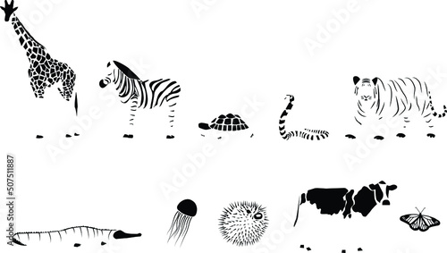 Vector animal silhouettes on isolated white background. Icon set.