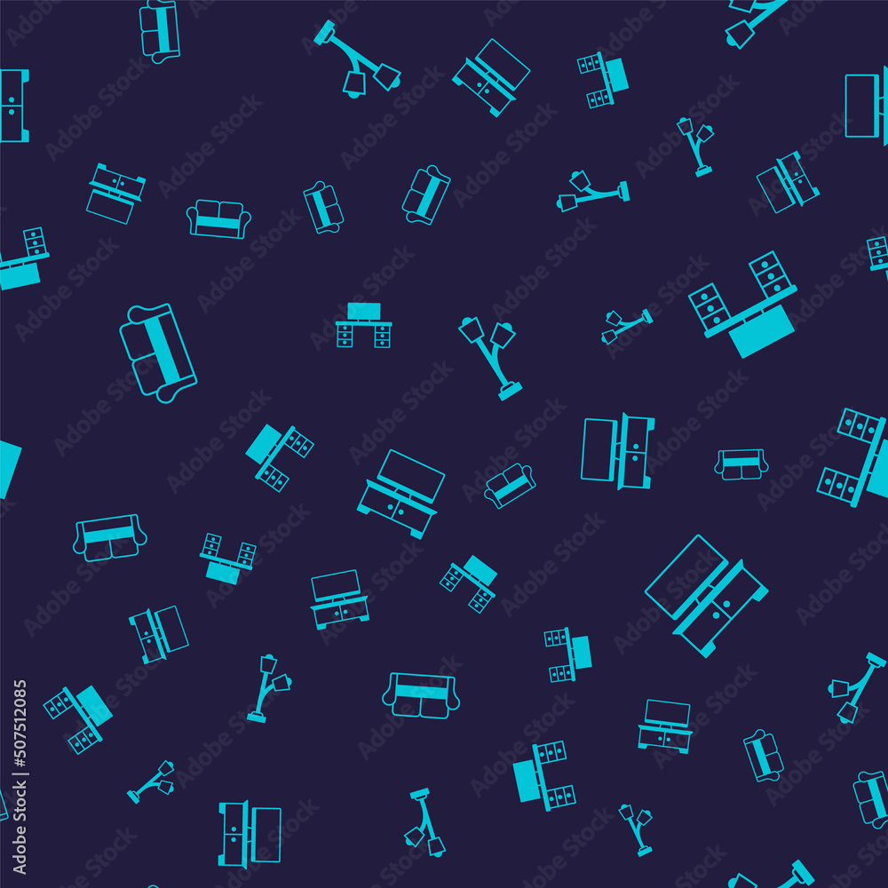 Set Sofa, Office desk, Floor lamp and TV table stand on seamless pattern. Vector