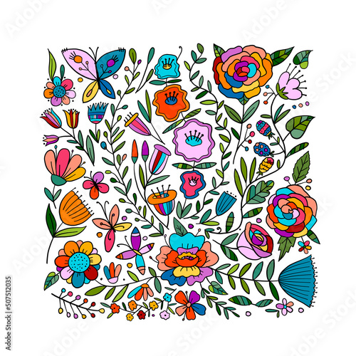 Floral Garden. Spring concept Background. Square shape frame for your design,...