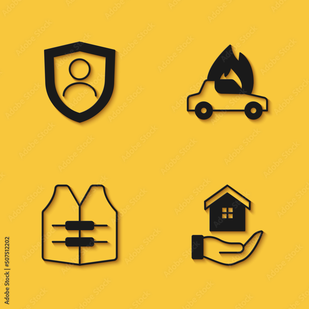 Set Life insurance with shield, House hand, jacket and Burning car icon with long shadow. Vector