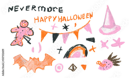 A set of Halloween illustrations drawn with wax crayons on a white isolated background.A collection of images for All Saints  Day in oil pastel doodle style in pink orange black.Designs for stickers.