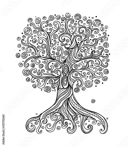 Old big family tree with roots. Isolated on white background. Concept Art for your design. Design interior ideas. Colouring page