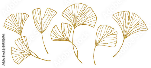 golden ginkgo leaves. graphic drawing set of tropical leaves with gold texture. sketch outline