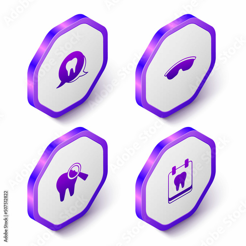Set Isometric Tooth, Safety goggle glasses, Broken tooth and Calendar with icon. Purple hexagon button. Vector