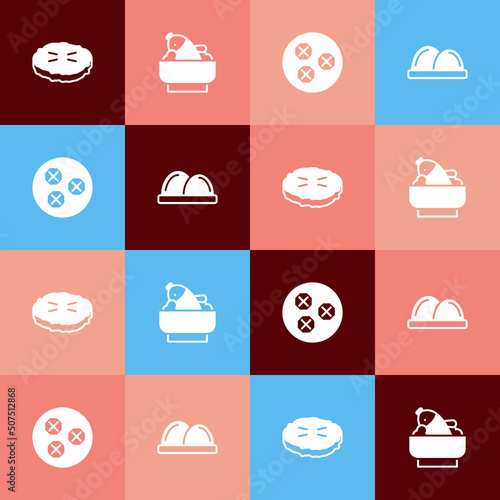 Set pop art Homemade pie, Rice with fish in bowl, Wonton and Sushi icon. Vector