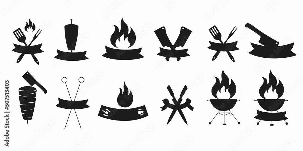 Logo constructor for doner, kebab, barbecue, grill party logo set. Vector stock illustration isolated on white background for design packaging, logo, menu in restaurant, butcher shop. Logo constructor for doner, kebab, barbecue, grill party logo set. Vector stock illustration isolated on white background for design packaging, logo, menu in restaurant, butcher shop.