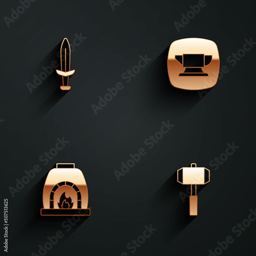 Set Medieval sword, Blacksmith anvil tool, oven and Sledgehammer icon with long shadow. Vector
