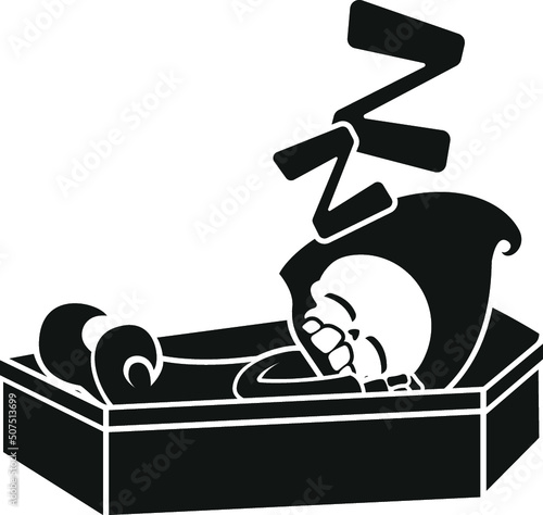 Cartoon Grim Reaper Sleeping in Coffin Skeleton Skull Hood Bones Corpse Death Angel Horror Scary Black and White Childrens Kids Illustration Design Halloween