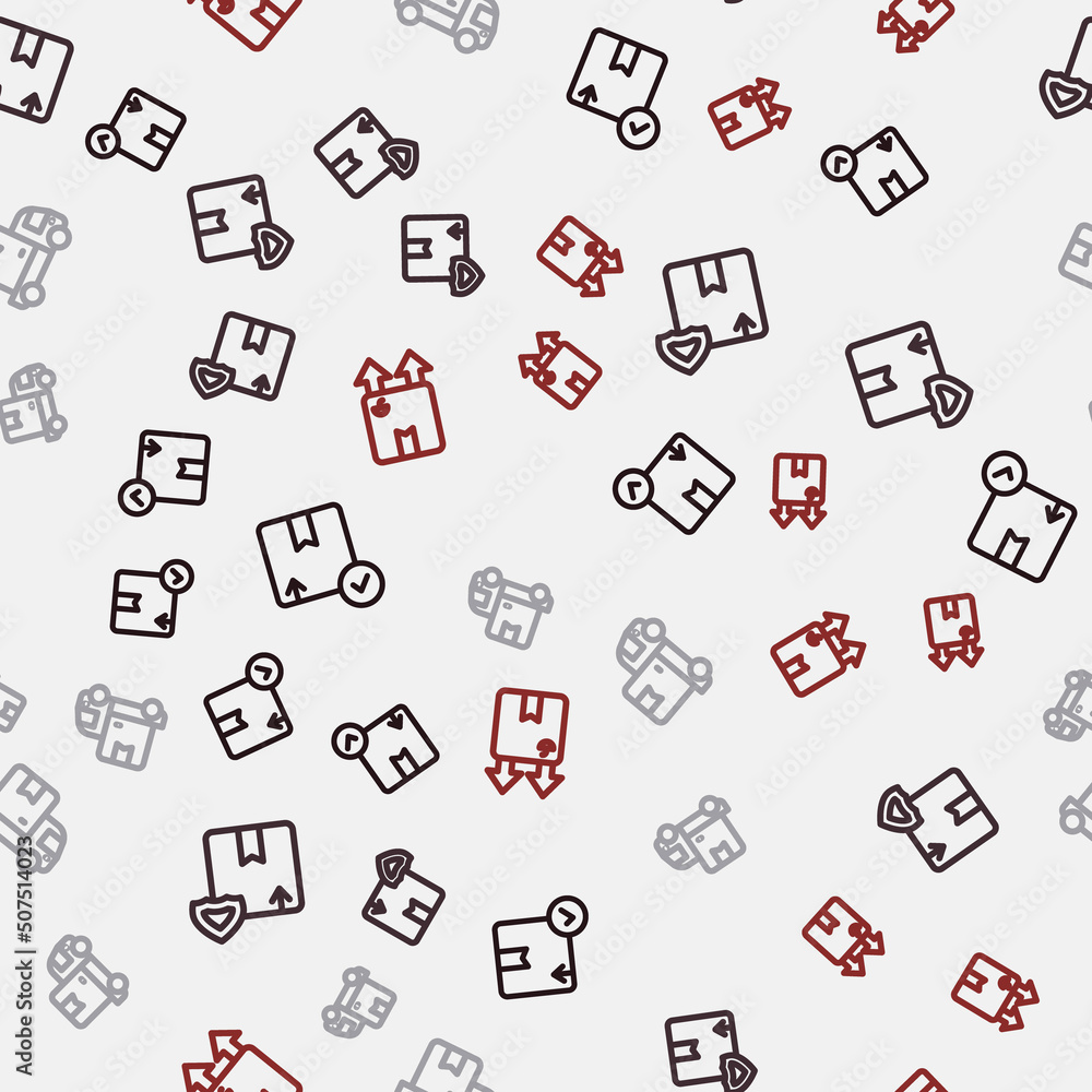 Set line Carton cardboard box, Delivery security with shield, cargo truck and Cardboard traffic symbol on seamless pattern. Vector Set line Carton cardboard box, Delivery security with shield, cargo truck and Cardboard traffic symbol on seamless pattern. Vector