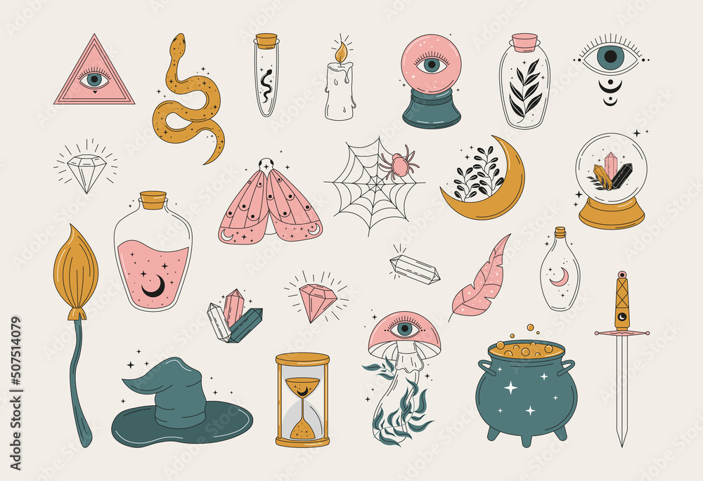 Set of mystical elements for design. Doodle halloween elements, witchcraft, magic spiders, snake, eye and knife. Halloween esoteric, alchemy boho vector. Mystical spooky stickers - obrazy, fototapety, plakaty 