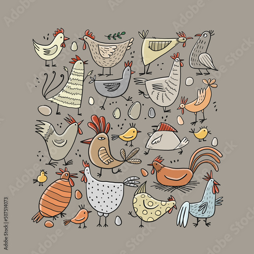 Funny farm birds family. Chicken and Rooster characters. Art collection for y...