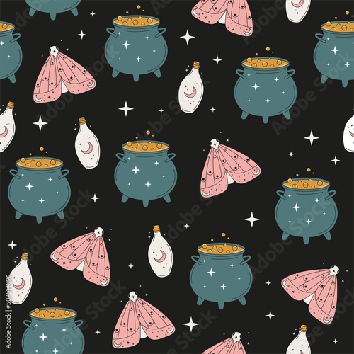 Magical seamless pattern with butterfly,  bottle, moon, cauldron and stars. Mystical esoteric background for fabric design, packaging, astrology, divination, phone case, wrapping paper. Vector