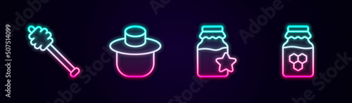 Set line Honey dipper stick, Beekeeper with protect hat, Jar of honey and . Glowing neon icon. Vector