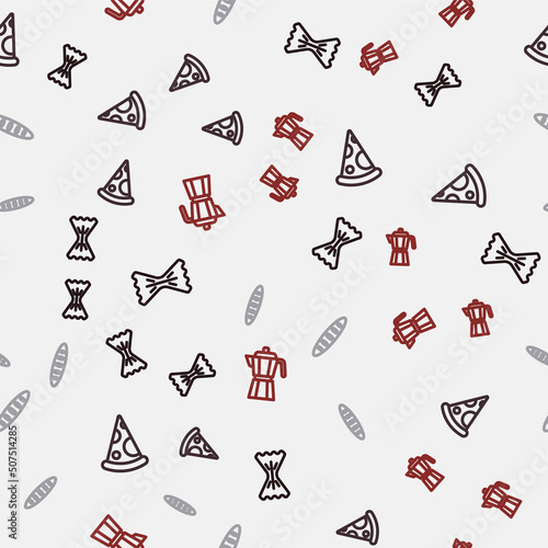 Set line Macaroni, Slice of pizza, French baguette bread and Coffee maker moca pot on seamless pattern. Vector
