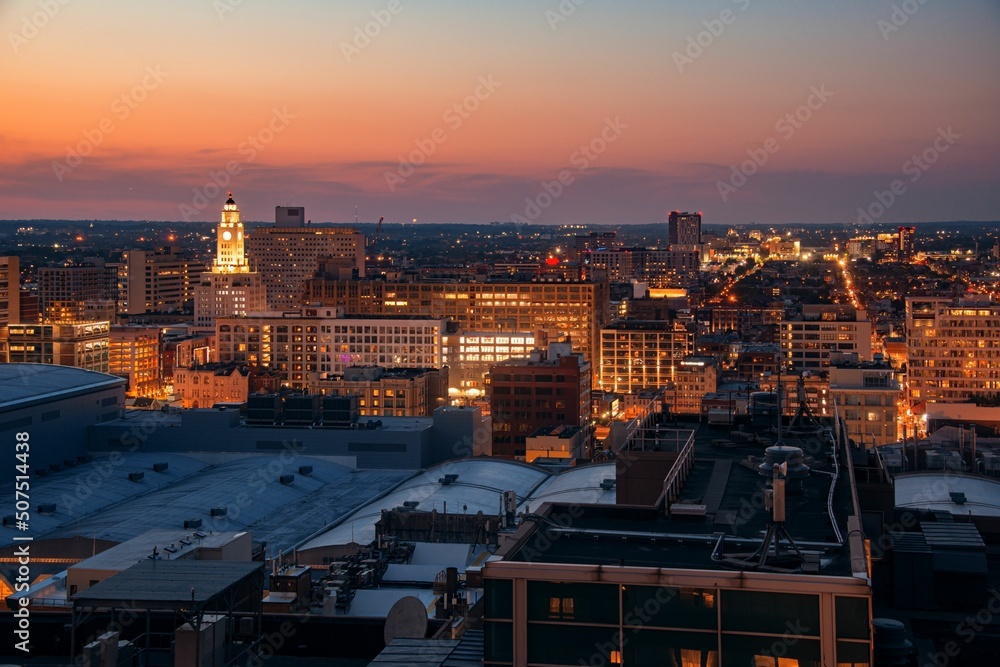 Philadelphia city skyline night rooftop view