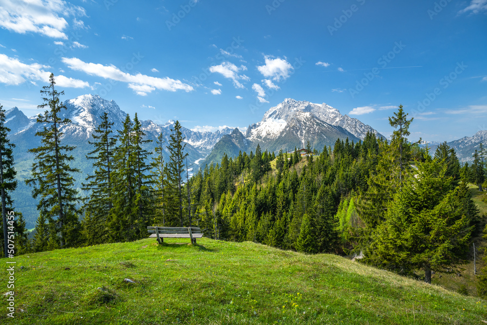 Idyllic Berchtesgaden in spring, nice seating area with a view of the Watzmann, Ramsau, Berchtesgaden, Bavaria, Germany