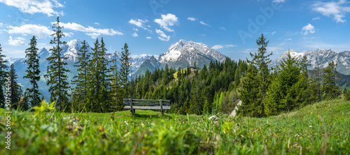 Panorama on the Toter Mann mountain with a view of the snowy Hochkalter and Watzmann, Ramsau, Berchtesgaden, Bavaria