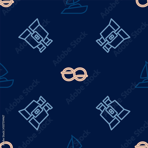 Set line Yacht sailboat, Binoculars and Nautical rope knots on seamless pattern. Vector