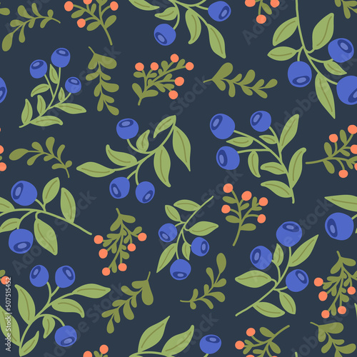Hand Drawn Vector Seamless Pattern with Blueberry