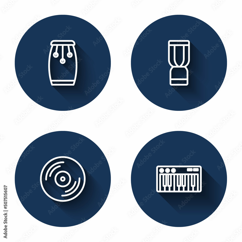 Set line Conga drums, African djembe, Vinyl disk and Music synthesizer with long shadow. Blue circle button. Vector