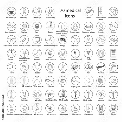 70 vector line medical icons: symptoms, organs, items