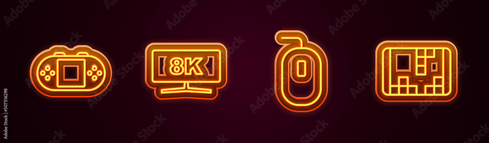 Set line Portable video game console, Computer monitor, mouse and . Glowing neon icon. Vector Set line Portable video game console, Computer monitor, mouse and . Glowing neon icon. Vector