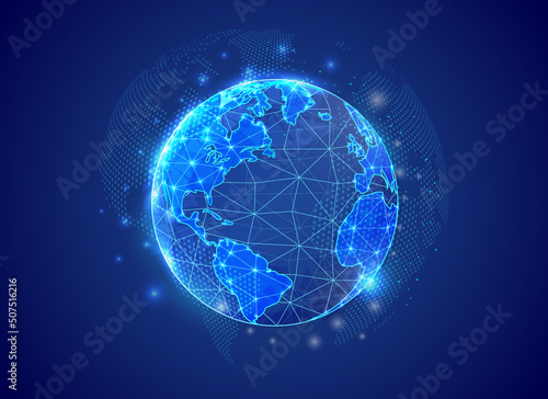 Earth planet 3d low poly symbol with blue world map background. Space concept design illustration. World map polygonal symbol with connected dots