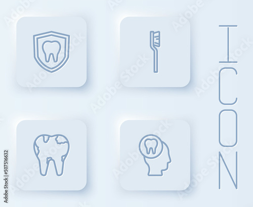 Set line Dental protection, Toothbrush, Broken tooth and Toothache. White square button. Vector