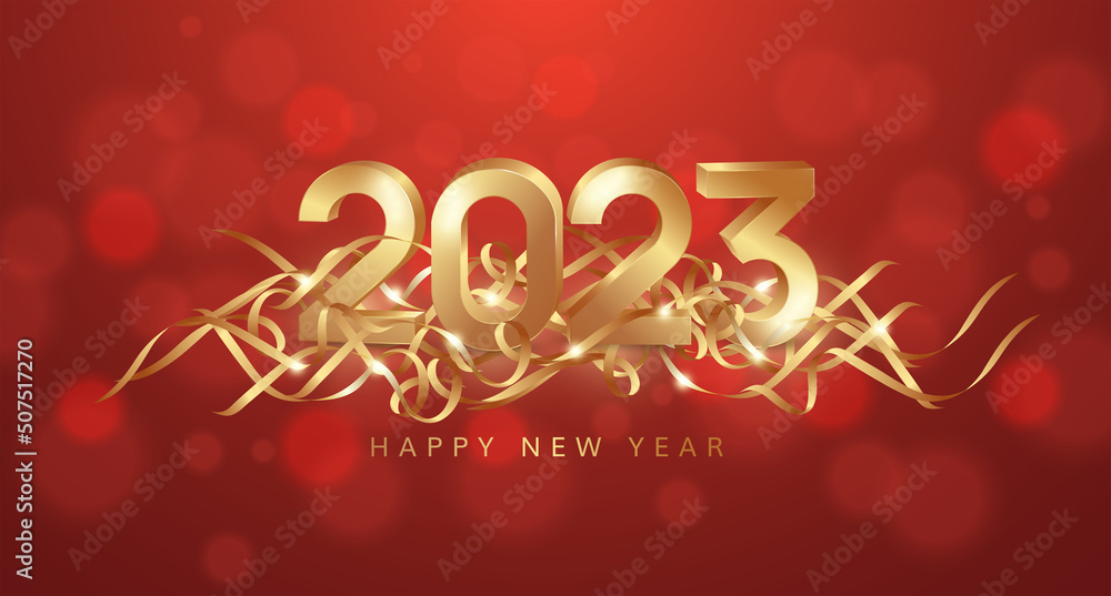 2023 new year with gold number and ribbon on red background 2023 new year with gold number and ribbon on red background