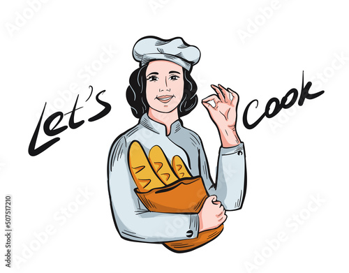 Girl chef baker holding a pastry in her hands.Vector illustration in color.Vector illustration.