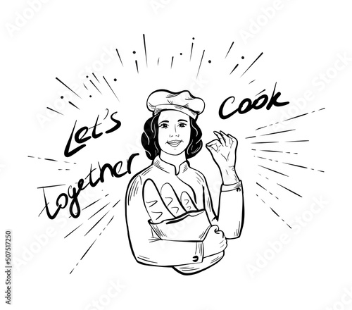 Girl chef baker holding pastry Logo.Cafe Restaurant business concept.Vector illustration.