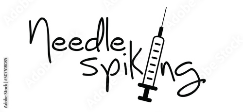 needle spiking. people are drugged through their drink. GHB or sleeping pills are often used. Syringe injection. Happened often at nightlife, disco, bar, nightclub. Cartoon vector icon or pictogram.