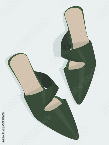 Vector flat image of women's summer shoes. Women's mules with low heels. Green shoes are semi-open. Design for postcards, templates, backgrounds, textiles, banners.