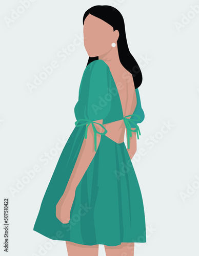 Vector flat image of a girl in a short blue dress with an open back. Lady with dark long hair. Design for postcards, avatars, posters, backgrounds, templates, textiles, postcards.