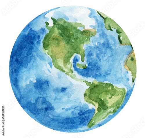 Watercolor hand painted Earth planet clipart isolated on white background. Minimalistic space illustration for yuor design, print, sublimation.