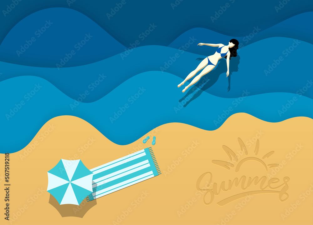 Fototapeta premium Woman swims on beach. Girl on vacation on beach.