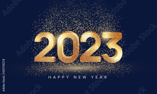Happy new year 2023 with 3D lettering and glitter on blue background