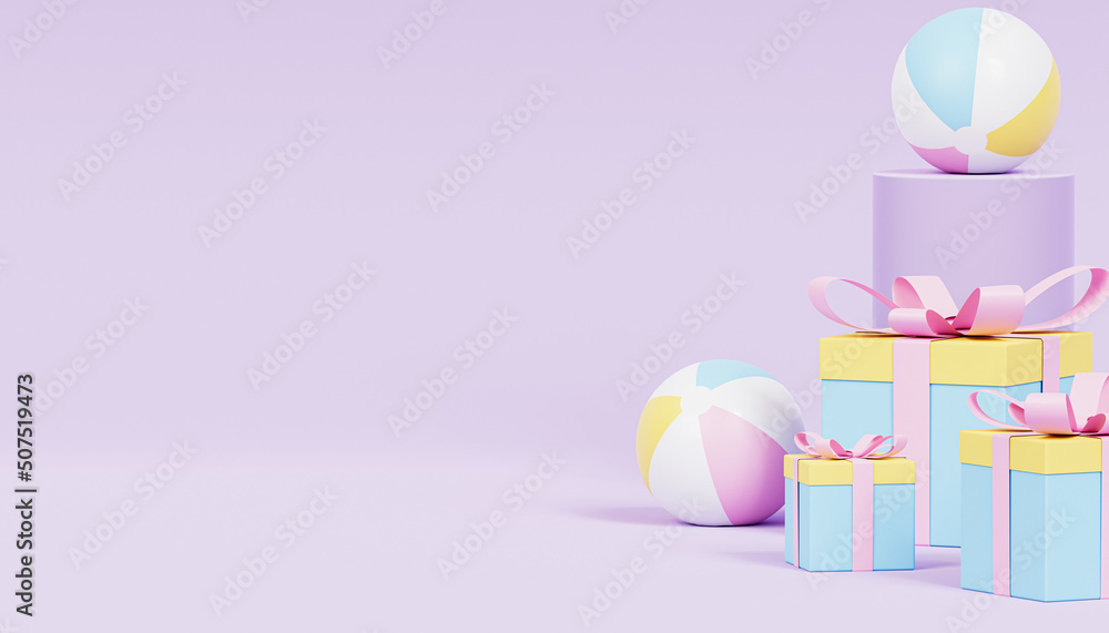 Product sales of discount background, beach balls and gift boxes, 3d render