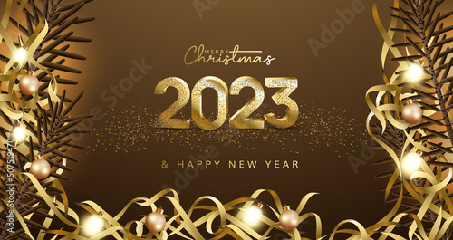 Merry Christmas and happy new year 2023 gold number on luxury dark brown background