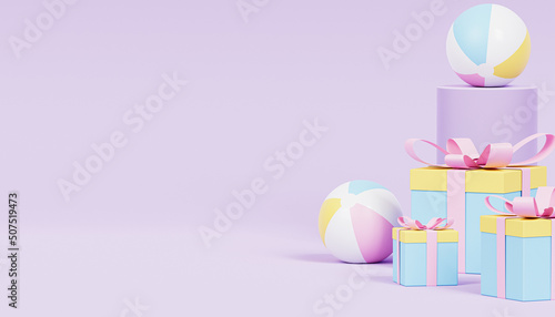 Product sales of discount background, beach balls and gift boxes, 3d render